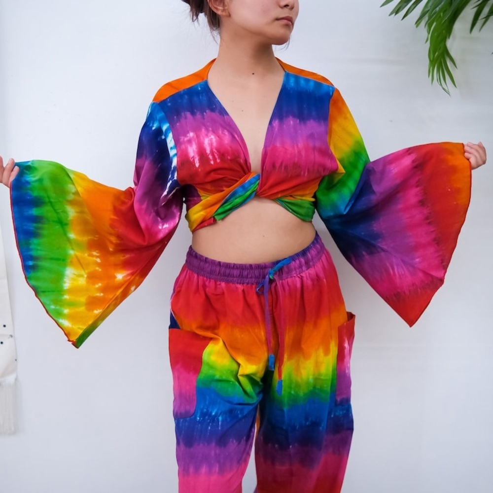 One Size Rainbow tie dye bell sleeve top